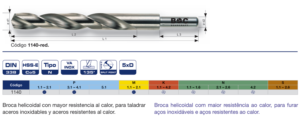Broca DIN 338 HSS-E Cobalto I rebaixada I afiamento em cruz I 11 mm