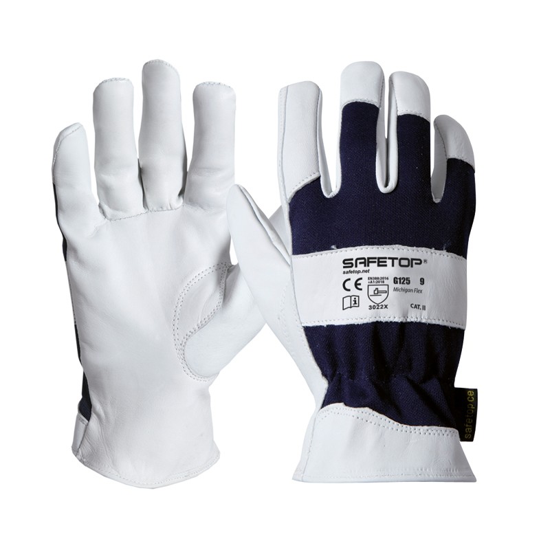 Luva em poliéster e pele de cabra I pack 12 unid  cx de 120 pares I modelo: MICHINGAN I SAFETOP