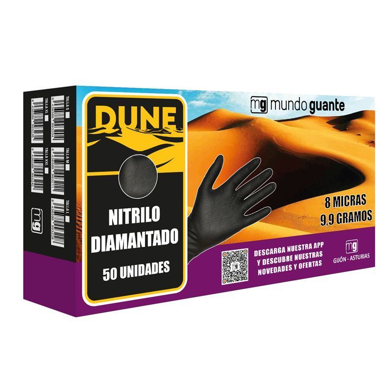 Luvas em nitrilo preto diamantadas I 8 micras 9,5 gramas I modelo: Dune I MUNDOGUANTE (pack 50 unidades) - Tamanho M (cópia)