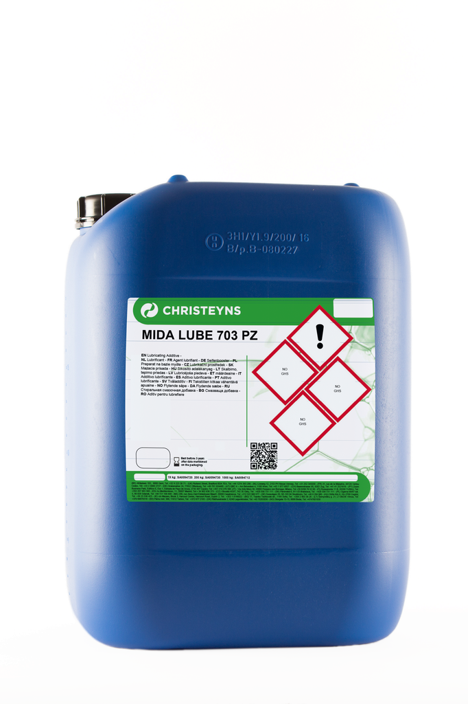 MIDA LUBE 703 PZ, 19 kg: Lubrificante base silicone para sistemas de transporte de embalagens de cartão.