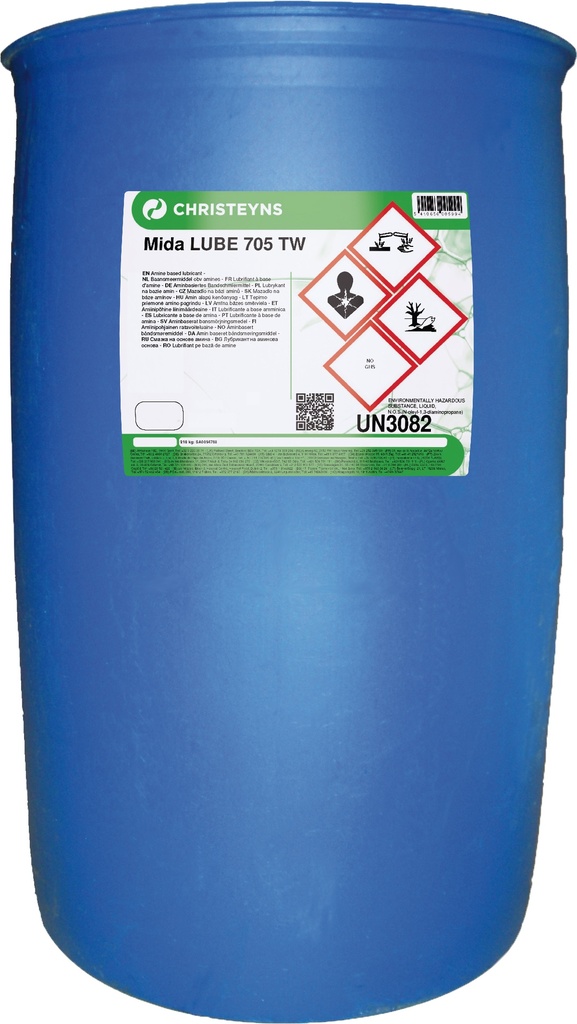 MIDA LUBE 705 TW, 210 kg: Lubrificante base aminas para sistemas de transporte de embalagens de PET/vidro.