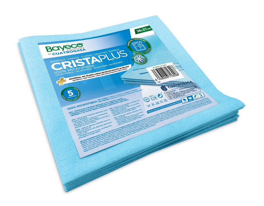 Pano microfibra cristalplus Azul 100gr/m2, Pack 5 unidades - Microfibras para a limpeza de copos I Bayeco