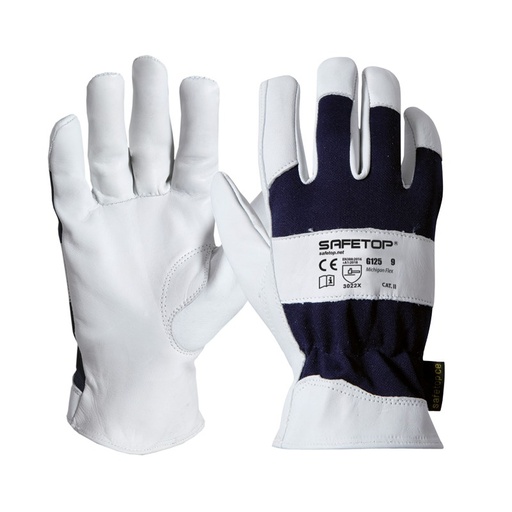 [SAFE0012859-G125] Luva em poliéster e pele de cabra I pack 12 unid  cx de 120 pares I modelo: MICHINGAN I SAFETOP